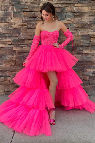 Hot Pink Lace Corset Tiered High-Low Prom Gown VK23101110