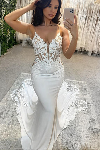 Charming Elegant Mermaid V Neck Wedding Dresses with Appliques VK24101002