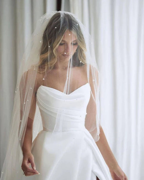 Ball Gown V Neck Pleat Satin Long Wedding Dresses with Slit VK24110705
