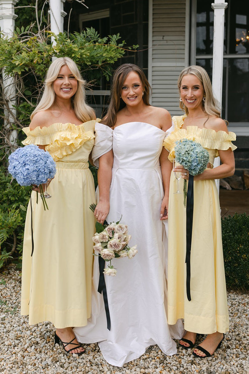 Yellow Off the Shoulder Ruffle Satin Ankle Length Bridesmaid Dresses VK24040302