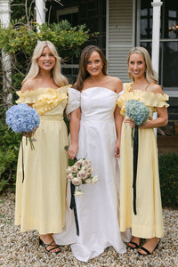 Yellow Off the Shoulder Ruffle Satin Ankle Length Bridesmaid Dresses VK24040302