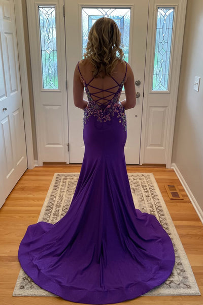 Gorgeous Mermaid V Neck Purple Satin Prom Gown with Appliques VK25060207