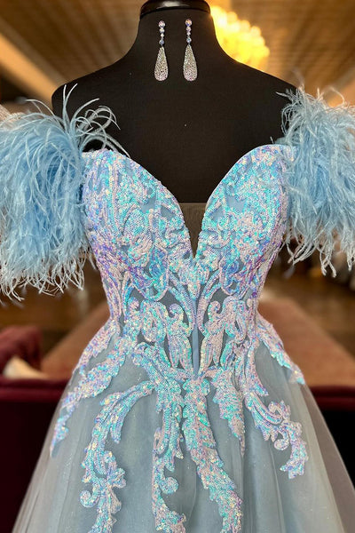 Cute Light Blue Off the Shoulder Sequin Lace Prom Dresses with Feather VK23120203