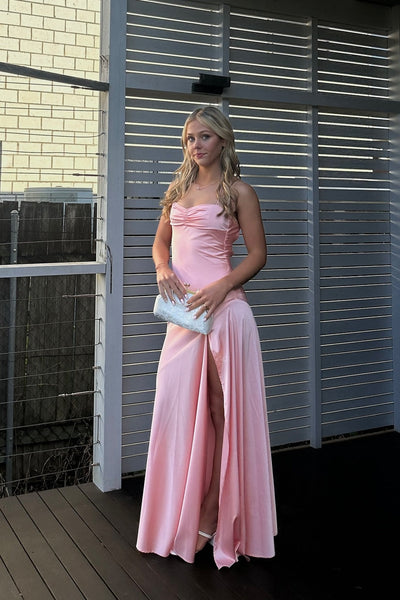 Double Straps Peach Ruched Long Dress with Slit