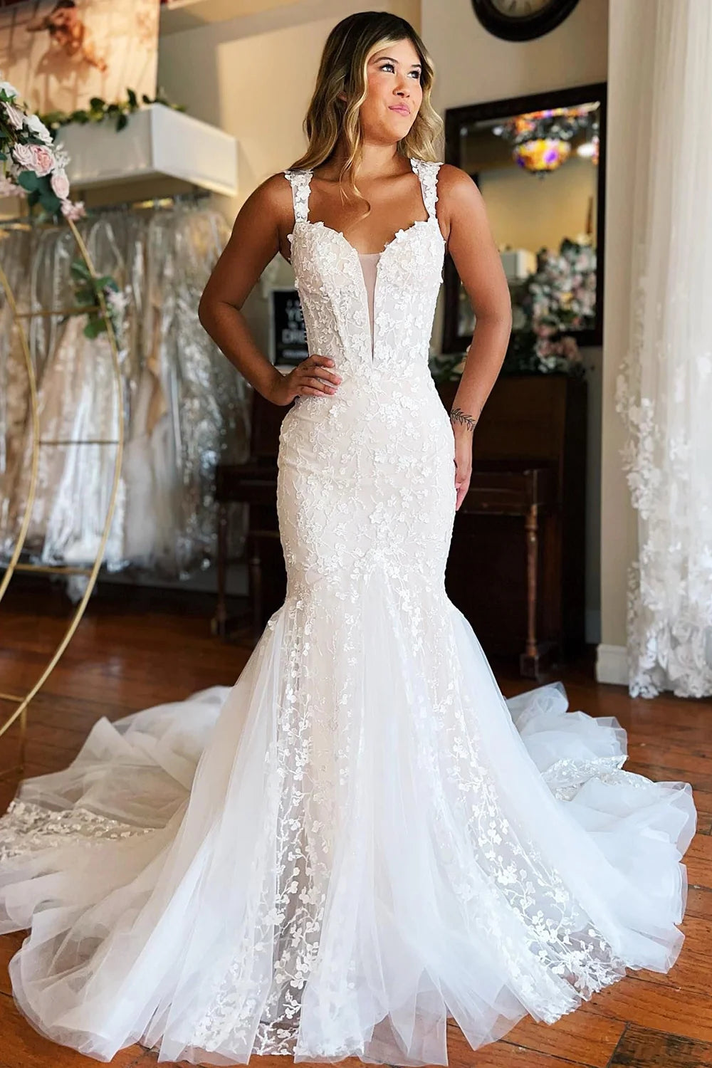 Mermaid White Lace Sweep Train Long Wedding Dress VK23101705