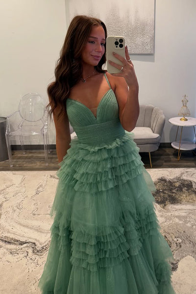 A-Line V Neck Sage Green Tulle Long Prom Dresses VK022405
