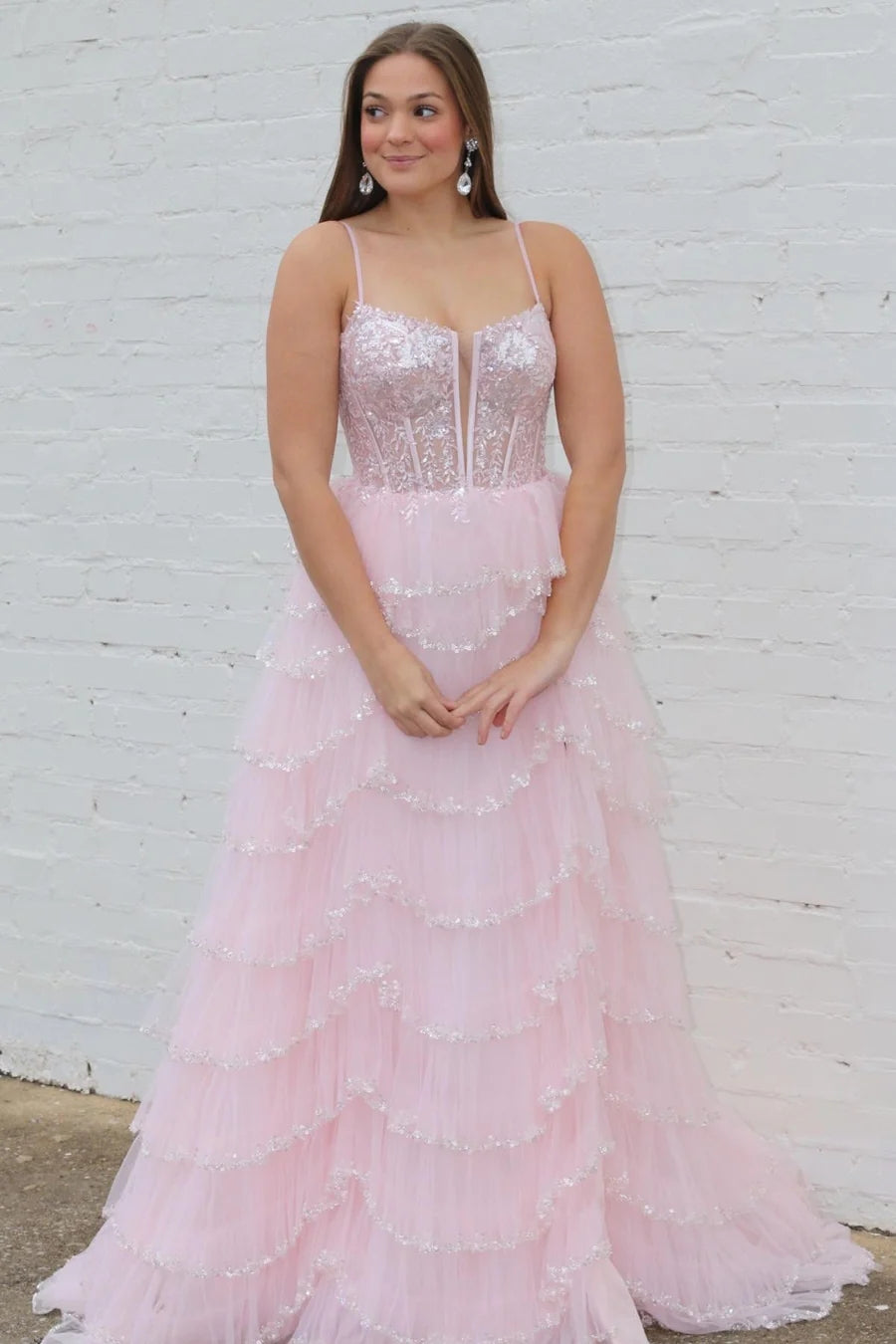 Pink Sequin Lace Spaghetti Strap Ruffle Tiered Long Prom Dress VK23112901
