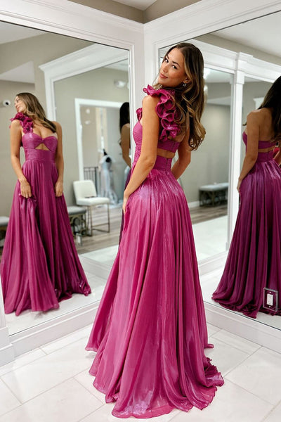 Charming A Line One Shoulder Keyhole Fuchsia Long Prom Dress with Slit
