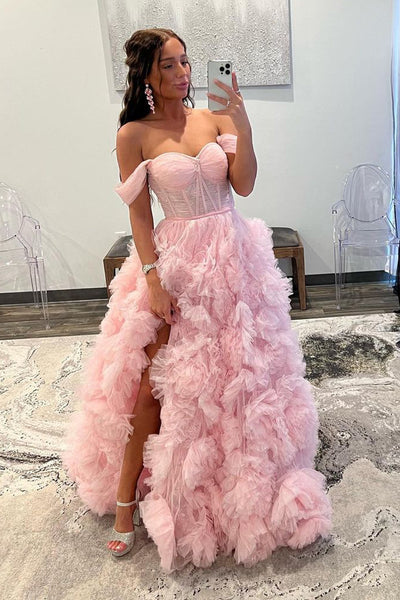 Princess Ball Gown Off the Shoulder Pink Tulle Prom Evening Dresses VK23082401