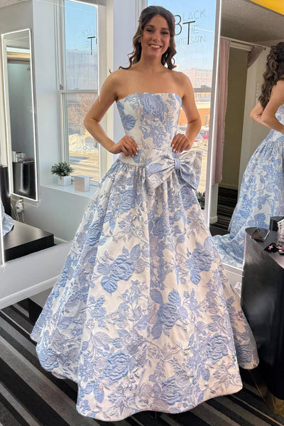 Gorgeous Ball Gown Strapless Jacquard Satin Prom Dress with Bow VK25122906