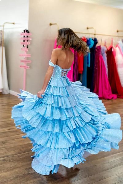 A-Line Off the Shoulder Light Blue Ruffle Tiered Long Prom Dresses with Slit VK021408