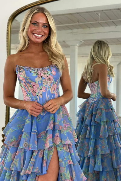 A-Line Strapless Floral Printed Chiffon Ruffle Tiered Corset Long Prom Dresses with Slit VK25102802