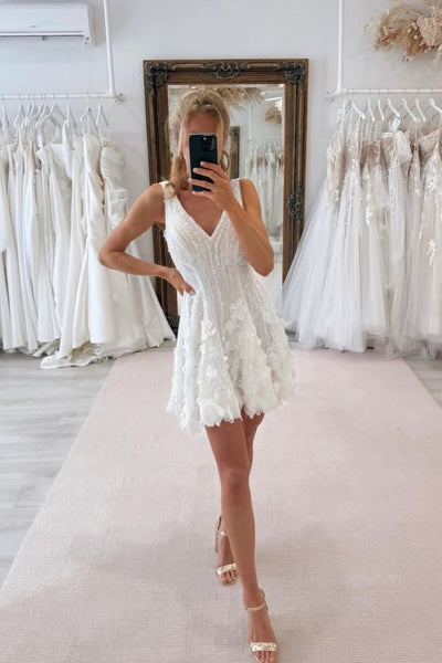 Cute A-Line V Neck White Short Wedding Dresses with Appliques VK26020505