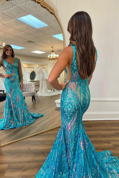 Blue V Neck Sequin Lace Mermaid Long Prom Dresses VK24012605