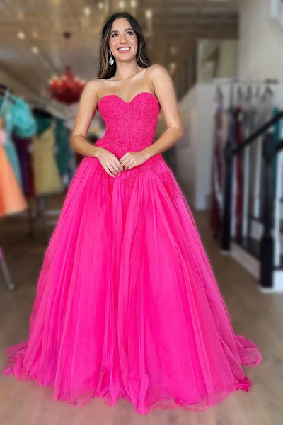 Hot Pink Tulle Sweetheart Long Prom Dresses VK23091004