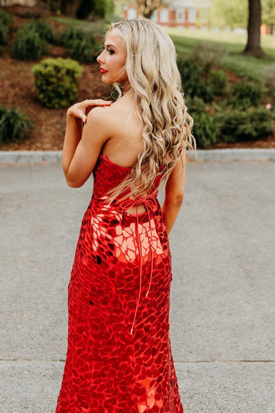 Charming Mermaid Strapless Red Beading Sequins Long Prom Dresses with Slit VK24102002