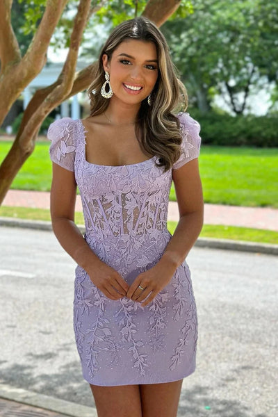 Pretty Square Neck Lavender Lace Appliques Homecoming Dresses with Short Sleeves VK23082209