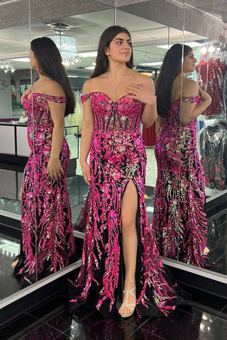 Pink Sequin Lace Off the Shoulder Long Prom Dress with Slit VK23121301