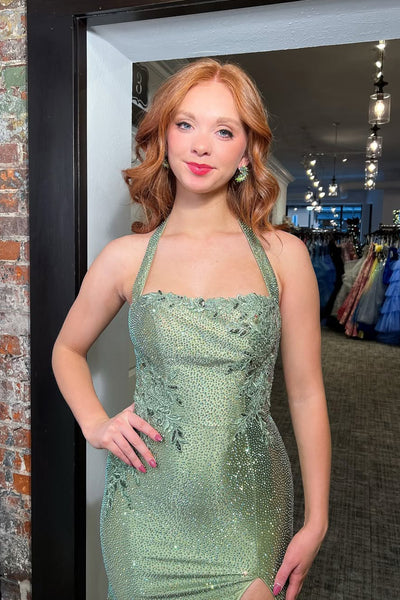 Modest Mermaid Halter Appliques Beads Long Prom Dresses with Slit VK26020302