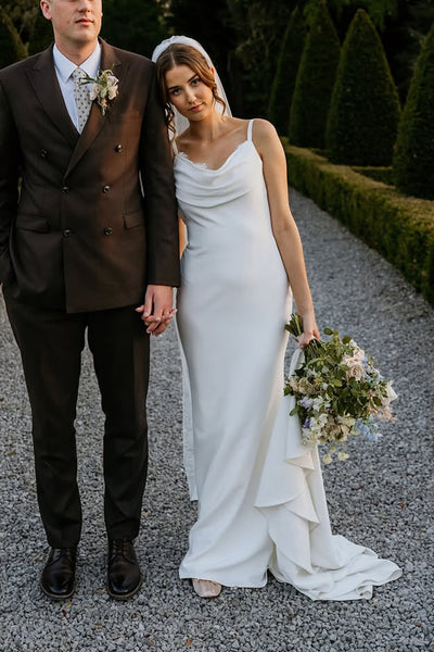 Simple Mermaid Cowl Neck Silk Satin Wedding Dresses with Appliques VK25092302