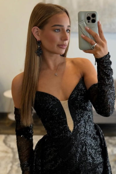 Attractive Strapless Black Sequins Lace Long Prom Dresses with Sleeves VK26020708