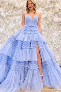 Fairy Ball Gown V Neck Blue Tulle Prom Dresses with Slit VK23011403