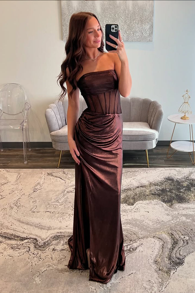Charming Sheath Strapless Dark Brown Metallic Satin Prom Dress with Sl Vickidress Charming Sheath Strapless Dark Brown Metallic Satin Prom Dress with Sl Vickidress