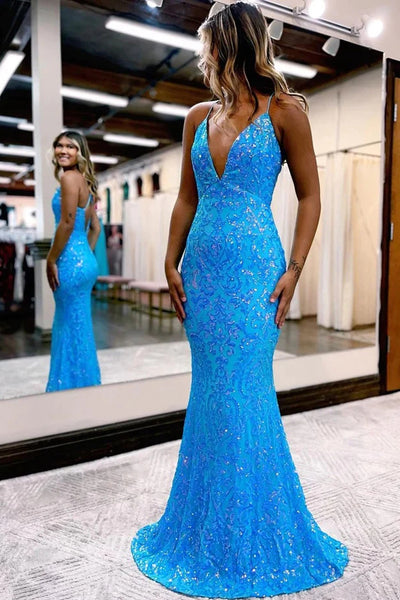 Charming Mermaid V Neck Blue Sequins Long Prom Dresses VK23011406