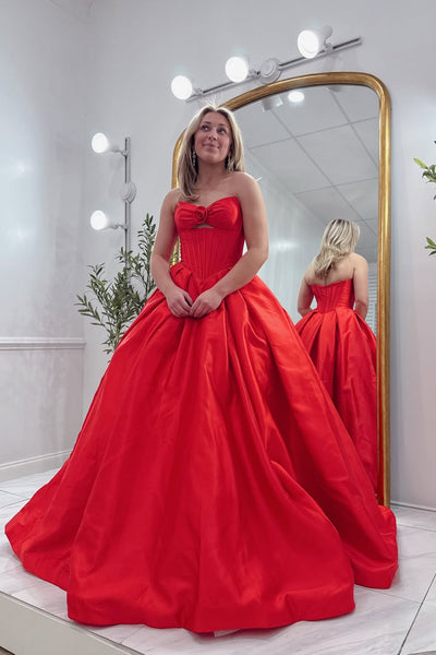 Elegant A-Line Strapless Red Satin Long Prom Dresses VKPD010