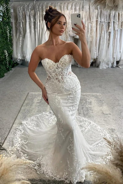 Mermaid Sweetheart White Tulle Wedding Dresses with Appliques VK26030105