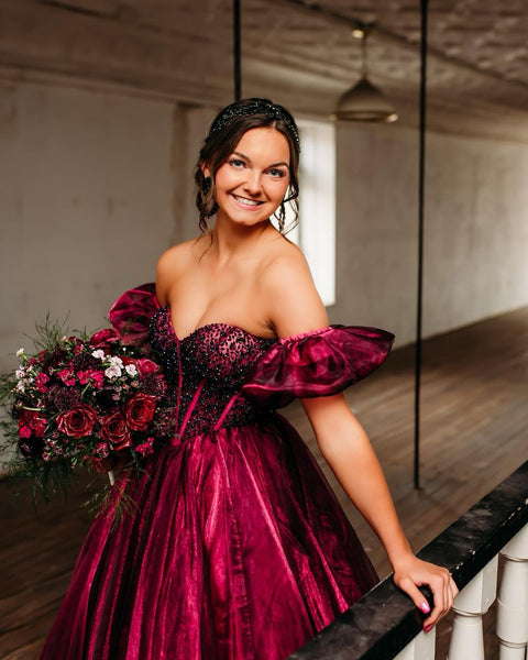 Cute Ball Gown Off the Shoulder Burgundy Organza Long Prom Dresses with Beading VK23050506