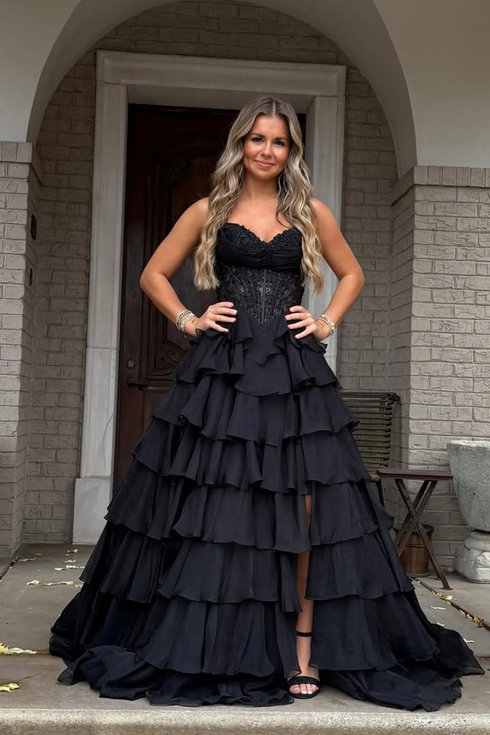 Gorgeous A Line Sweetheart Neck Black Chiffon Tiered Prom Dress with Slit VK25112304