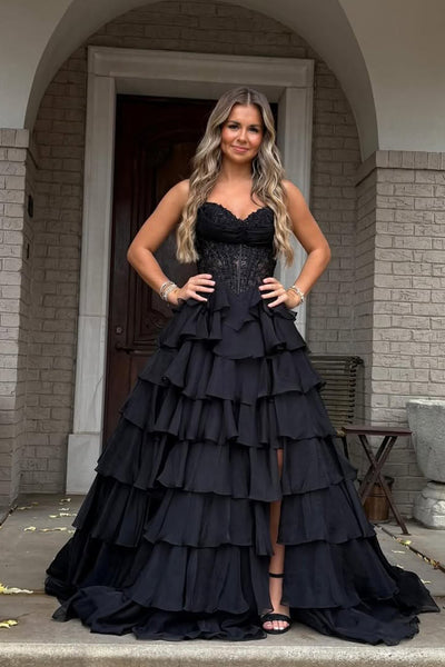 Gorgeous A Line Sweetheart Neck Black Chiffon Tiered Prom Dress with Slit VK25112304