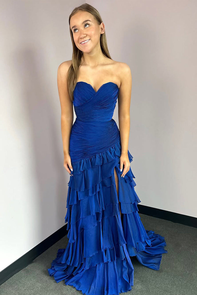 Charming Mermaid Sweetheart Royal Blue Chiffon Prom Dress with Slit VK25010707