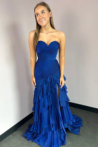 Charming Mermaid Sweetheart Royal Blue Chiffon Prom Dress with Slit VK25010707