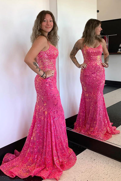 Fuchsia Scoop Neck Sequins Lace Mermaid Prom Dresses VK24032503