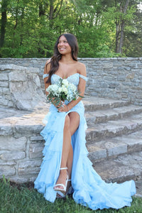 Cute Mermaid Off the Shoulder Light Blue Tiered Prom Dresses with Slit VK25050802