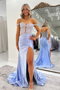Mermaid Off the Shoulder Lavender Long Prom Dresses with Slit VK25031808