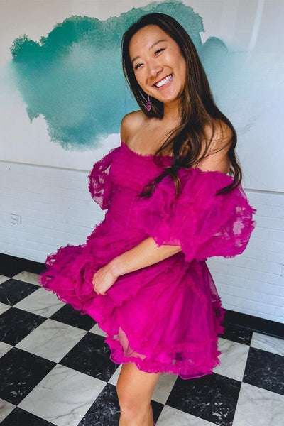 Fuchsia Off-the-Shoulder Puff Sleeves Tulle Ruffle-Layers Homecoming Dress VK23061904