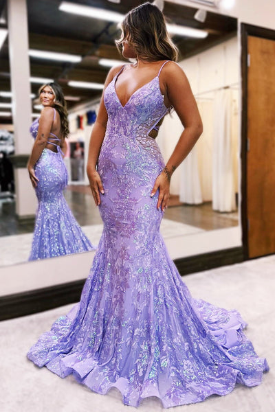 Lilac Sequin Lace V-Neck Long Prom Dress VK23112110