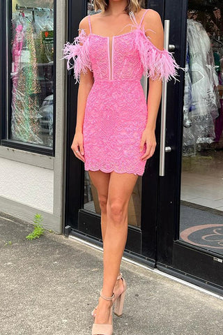 Pink Lace Cold Shoulders Bodycon Short Homecoming Dresses with Furthers VK23080805