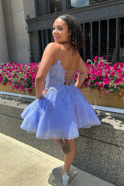 Spaghetti Straps A-Line Lavender Tulle Short Homecoming Dresses with Appliques VK23081305