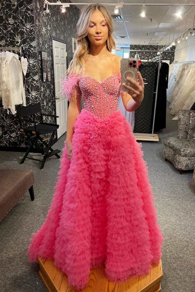 Hot Pink Beaded Feather Off-the-Shoulder Tiered Long Prom Dress with Slit VK23120603