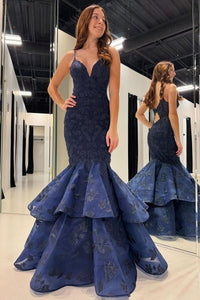 Navy Blue V Neck Mermaid Long Prom Dresses with Appliques VK24022703