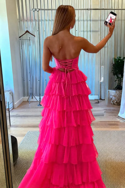 Charming A-Line Sweetheart Fuchsia Ruffle Tiered Long Prom Dresses with Slit VK26010908