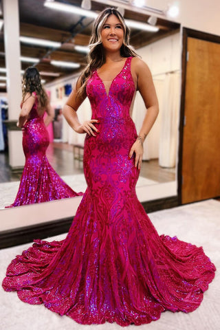 Fuchsia V Neck Sequin Lace Mermaid Long Prom Dresses VK24011902