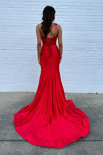 Red One Shoulder Satin Mermaid Long Prom Dresses with Slit VK24021902