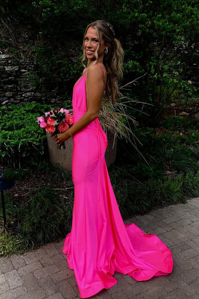 Gorgeous Mermaid V Neck Pink Satin Prom Dress with Slit VK25060504