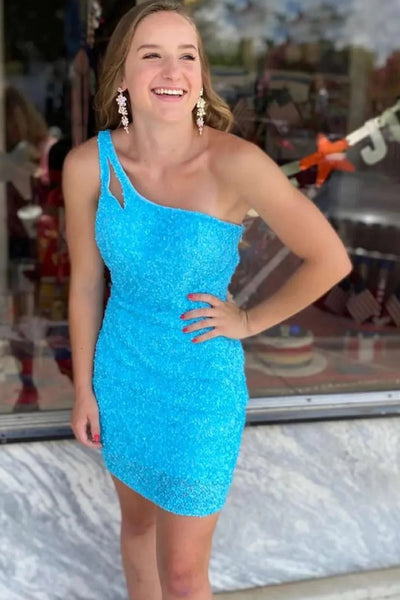 Sparkly Yellow Open Back One Shoulder Sequins Tight Homecoming Dress VK23092207