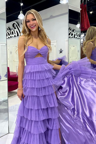 Lilac Sweetheart Ruffle Tulle Keyhole Long Prom Dresses with Slit VK24041405